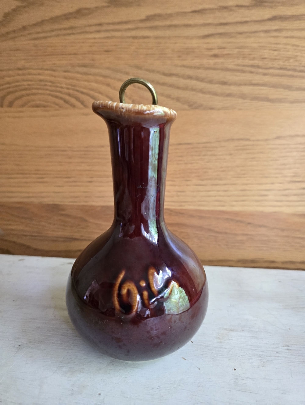 Vintage HULL POTTERY Oil Cruet Brown Drip Original Cork Mint Condition
